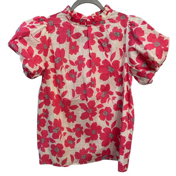 Boutique Style Floral‎ Puff Sleeve Blouse Ruffled Neck Pink Preppy- Size M - Picture 1 of 9